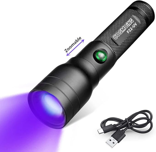 UV Flashlight USB C Rechargeable, 395nm Blacklight Flashlight, Zoomable Ultraviolet Pen Flashlight IP54 Pet Urine Detector for Cat Dog Stains, Scorpion, Bed Bug