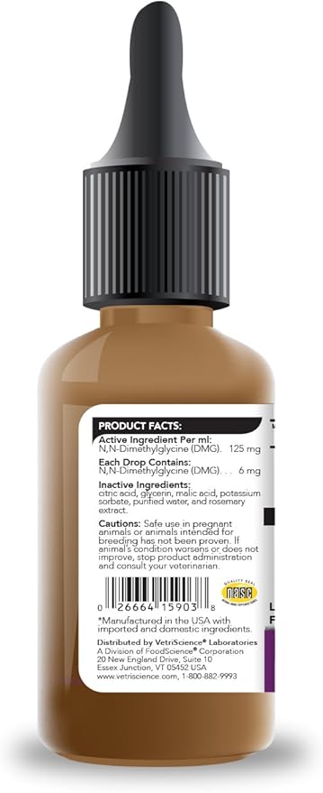 VETRISCIENCE Vetri DMG Liquid, 30mL Dropper - Supports Immune System, Stamina, Skin Irritation, Watery Eyes, and Performance for Dogs and Cats