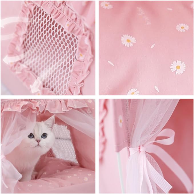 Cat Bed Tents Dog House Indoor Outdoor Lace Mesh Breathable Windows Door Curtains Removable Portable Nest Teepe House (Small,Pink(Ruffled Teim))