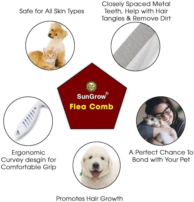 SunGrow Detangling Pet Comb for Dogs, Cats, Ferrets, Anti-static Groomer Removes Tangles & Knots, Tear Stain Removal, Stainless Steel Pins with Rounded & Smooth Ends, White Non-slip Grip Handle, 7.4"