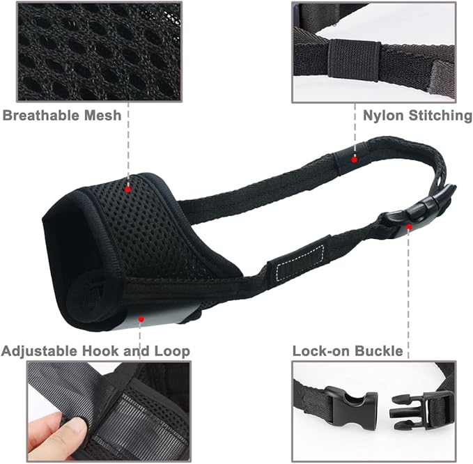 LUCKYPAW Dog Muzzle Anti Biting Barking and Chewing with Comfortable Mesh Soft Fabric and Adjustable Strap, Suitable for Small, Medium and Large Dogs(Black,S)