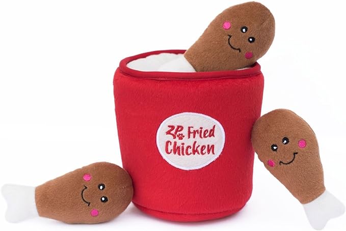 ZippyPaws - Food Buddies Burrow, Interactive Squeaky Hide and Seek Plush Dog Toy - Bucket of Chicken