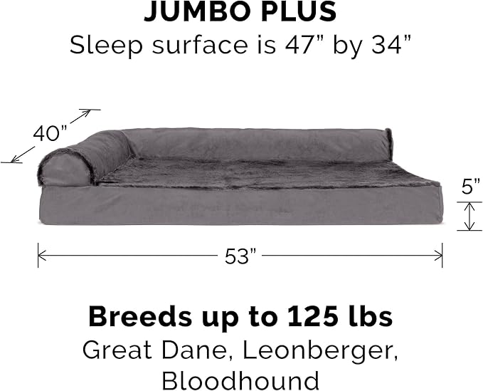 Furhaven Memory Foam Dog Bed for Large Dogs w/ Removable Bolsters & Washable Cover, For Dogs Up to 125 lbs - Plush & Velvet L Shaped Chaise - Platinum Gray, Jumbo Plus/XXL