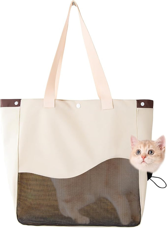 Fhiny Cat Purse Carrier, Small Dog Carrier Tote Breathable Mesh Pet Carrier Bag Soft Sided Adjustable & Foldable Kitten Travel Bag for Cats Kittens Rabbits Small Dogs Shopping Travel (Beige)