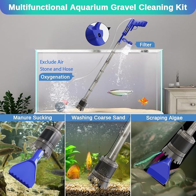 Electric Aquarium Gravel Cleaner for Fish Tank Cleaning Tools, 6in1 Automatic Gravel Vacuum for Aquarium, Portable Air Pump, Algae Scraper, Sand Washing, Water Change, Filter, Circulation 5V/4W