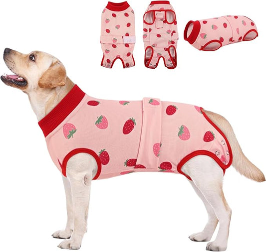 AOFITEE Dog Recovery Suit, Dog Surgical Recovery Suit for Female Dogs Male Dogs, Cozy Dog Onesie for Surgery, Cone E-Collar Alternative, Anti Licking Dog Surgical Shirt with Pee Hole, Strawberry L