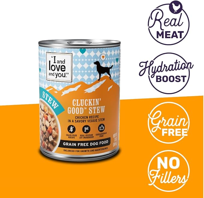 I AND LOVE AND YOU Wet Dog Food - Cluckin' Good Stew - Chicken Recipe, Grain Free, Filler Free 13oz can, 12pk