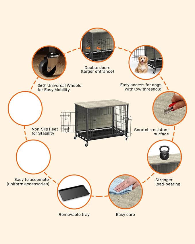 Dog Crate Furniture, 2024 Deluxe Wooden Dog Kennel with Removable Tray and Wheels, Heavy-Duty Double-Doors 27.2" Dog Cage End Table, Indoor Dog House for Large Dogs (Grey & Black, Small)