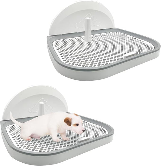 Hamiledyi 2 Pcs Indoor Dog Potty with Splash Wall Puppy Mesh Training Toilet Portable Pee Pad Holder Pet Training Tray with Pee Baffle Dog Litter Box with Removable Post for Small Dogs Puddy (White)