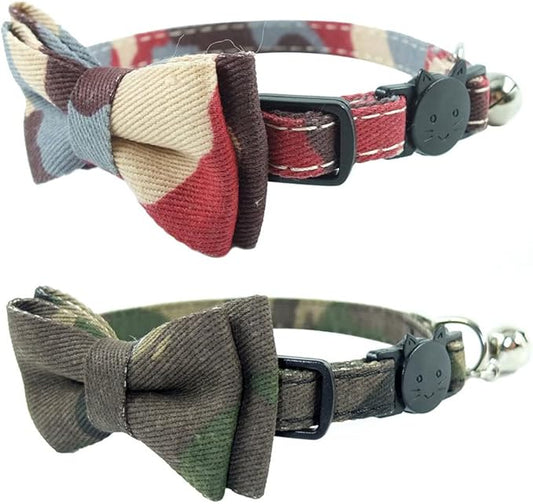 Cat Collar Bowtie with Bell, Quick Release Buckle Safety and Durable Kitties Kittens Cats Breakaway Collar Set of 2 PCS(6.8-10.8in) (Camouflage 1&Camouflage 2)