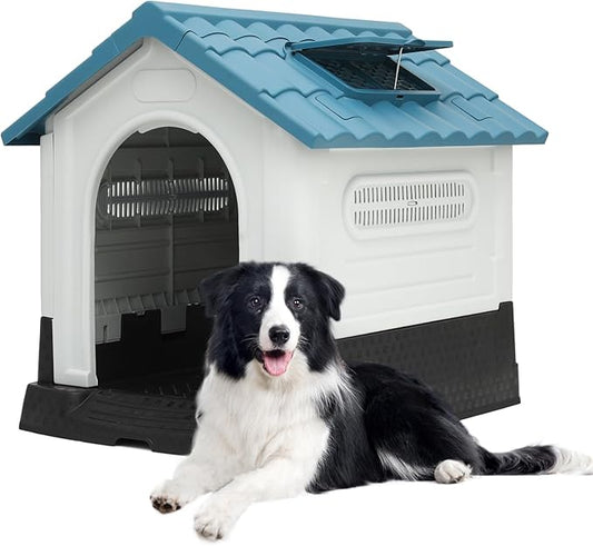 MoNiBloom Easy to Clean Insulated Dog House with Mats and Tray, Outdoor Durable Dog House for Small Medium Large Dogs, Waterproof Doghouses with Elevated Floor and Air Vents, 30.5"D x 23.5"W x 30"H