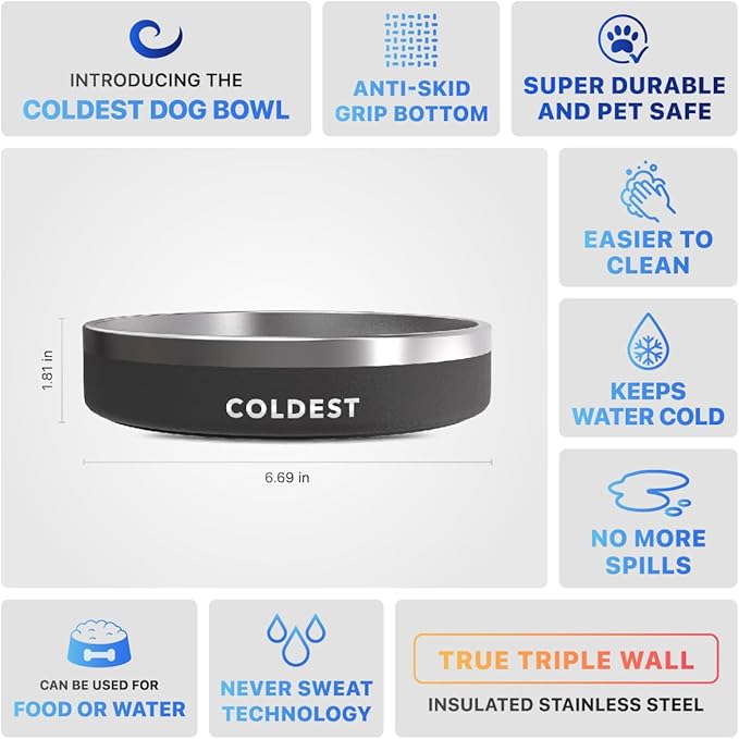 Coldest Dog Bowl - Anti Rust Metal & Non Slip Dog Bowls Large, Spill Proof Heavy Duty 3 Layers Insulated Dog Bowl - Food and Water Bowl for Dogs, Cats & Pets, Dishwasher Safe (21 oz, Stealth Black)