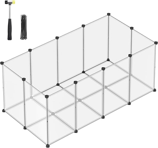 SONGMICS Pet Playpen with Floor, Small Animal Pen, Pet Fence Indoor, DIY Plastic Enclosure for Hamsters, Hedgehogs, 57.1 x 28.3 x 22.4 Inches, White ULPC007W01