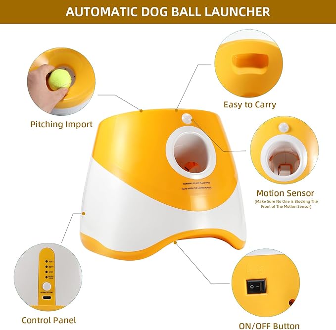 Automatic Dog Ball Thrower Launcher with 12 PCS Tennis Balls,Thrower Distance 10-30ft, Interactive Dog Fetch Machine Toy for Small Dogs (Yellow dog ball launcher)