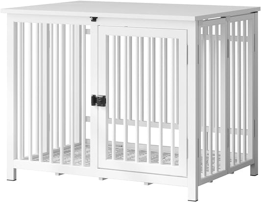 Heavy Duty Dog Crate Furniture, Fully Assembled exc. Locks, All Metal Frame & Wooden Tabletop, Modern Kennel for Small Dog, End Table, Sturdy, Foldable, White