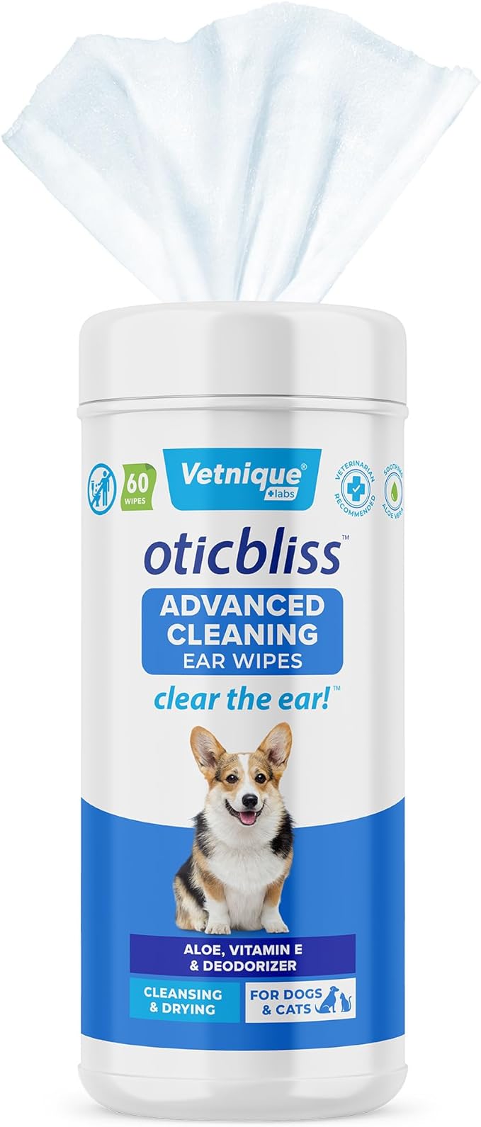 VETNIQUE Oticbliss Advanced Cleaning Ear Wipes for Dogs for Odor Control, Dirt and Wax Removal with Soothing Aloe Vera, Salicylic Acid & Vitamin E, (Ear Cleaning Wipes, Advanced Cleaning Large)