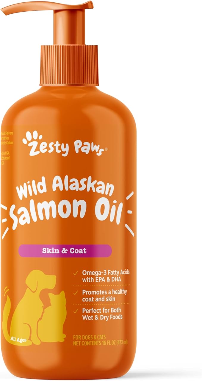 Wild Alaskan Salmon Oil for Dogs & Cats - Omega 3 Skin & Coat Support - Liquid Food Supplement for Pets - Natural EPA + DHA Fatty Acids for Joint Function, Immune & Heart Health 16oz - Pump Top