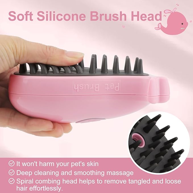 Cat Steam Brush, 3 in 1 Cat Steamy Brush, Silicone Massage Grooming Brush, Pet Hair Self Cleaning Brush Comb for Cats Dogs(Pink Whale)