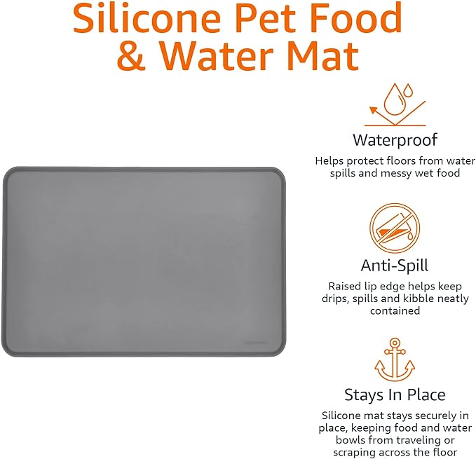 Amazon Basics - Waterproof Anti-Slip Silicone Pet Food and Water Bowl Mat, 24 x 16 Inches, Grey, Solid