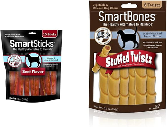 SmartBones SmartSticks, Treat Your Dog to a Rawhide-Free Chew Made with Real Meat and Vegetables Stuffed Twistz with Peanut Butter, Rawhide-Free Chews for Dogs Stuffed with Pork Flavor