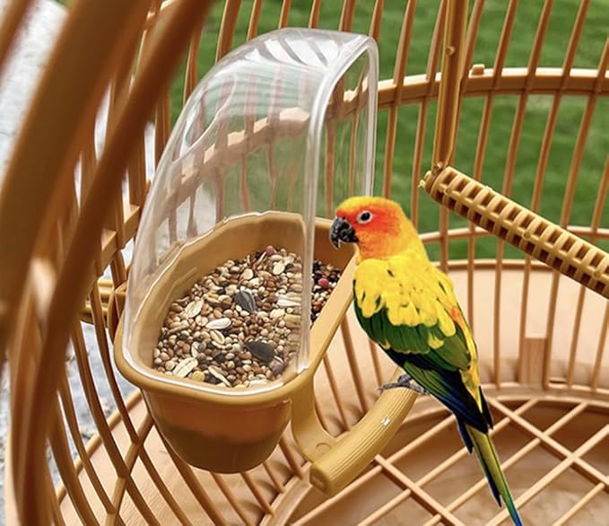 Bird Feeder Bird Cage Food Water Feeder Hanging Plastic Foods Feeding Box Parrot Cage Foods Container Cage Accessories (Brown)