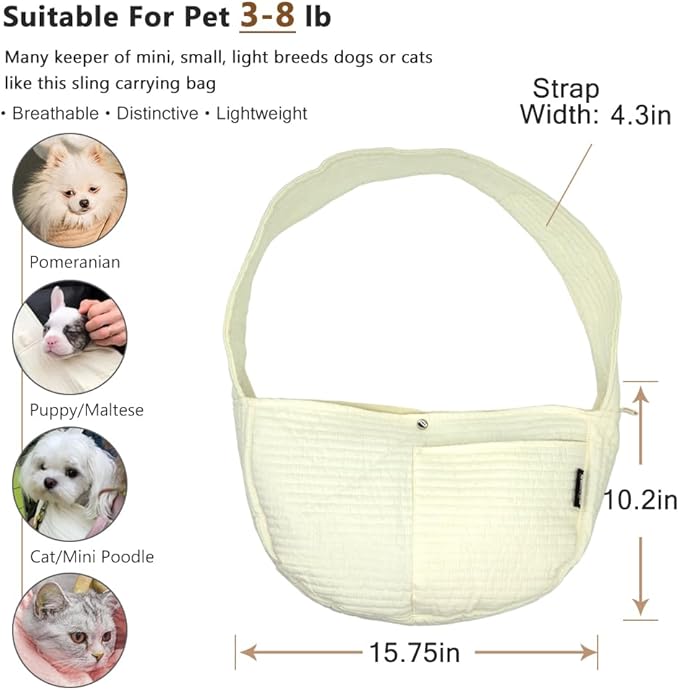 NATUYA Small Dog Carrier Sling for Small Dogs Puppy Cat - Big Pouch Safety Leash Pet Sling Carrier for Walking Outdoor Travel (White Long Strap, Canvas)