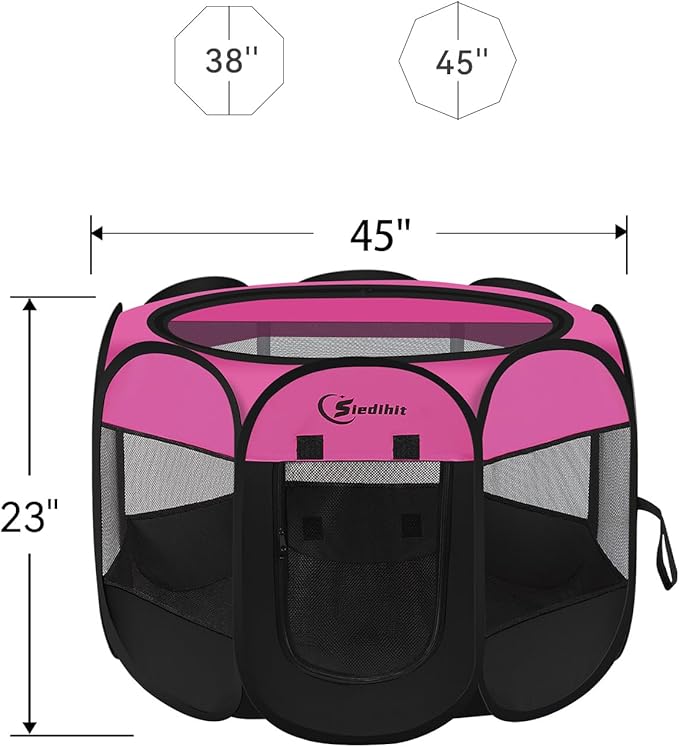 Dog Playpen, Puppy Pet Playpen Indoor for Large Dogs, Dog Tent Crates Cage Indoor/Outdoor, Portable Pop Up Dog Kennel Playpen with Carrying Case for Dogs/Cats/Rabbits, Removable Zipper Top, Hot Pink