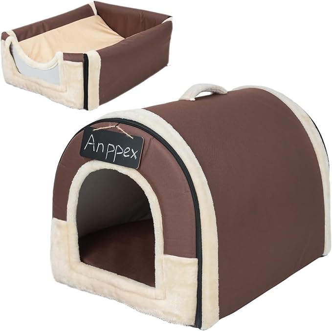 ANPPEX Small Dog House Indoor,2 in 1 Washable Covered Dog Cat Bed,Insulated Cozy Pet Dog Igloo Cave,S Size for Cats,Puppies,Rabbits and Small Animals,Brown