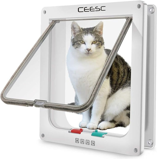 CEESC Extra Large Cat Door (Outer Size 11" x 9.8"), 4 Way Locking Large Cat Door for Interior Exterior Doors, Weatherproof Pet Door for Cats & Doggie with Circumference < 24.8" (White)