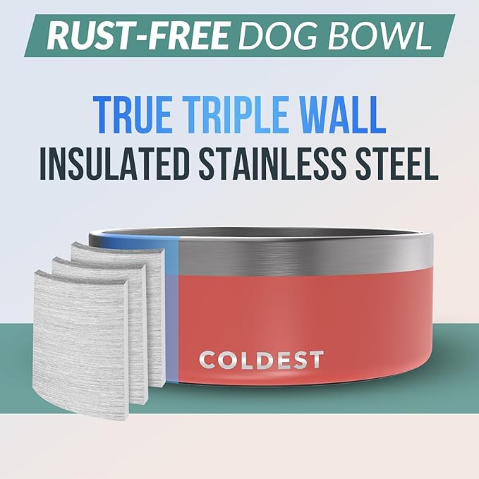 Coldest Dog Bowl - Anti Rust Metal & Non Slip Dog Bowls Large, Spill Proof Heavy Duty 3 Layers Insulated Dog Bowl - Food and Water Bowl for Dogs, Cats & Pets, Dishwasher Safe (64 oz, Crimson Red)