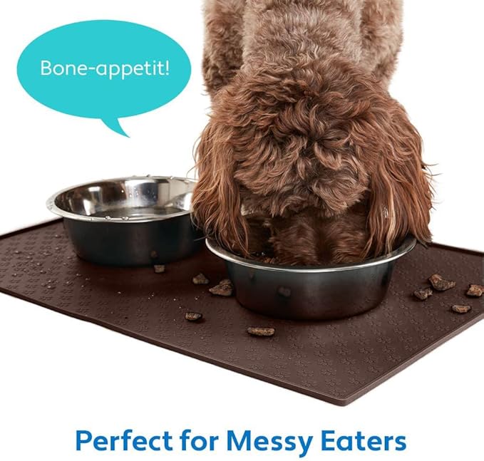 MIGHTY MONKEY 100% Waterproof Dog Food Mat, Raised Edges Silicone Pet Feeding Placemat for Cat, Dogs, Pet Bowls, High Lipped Tray Prevents Water Spills, Food on Floor, Dishwasher Safe, 24x16, Brown