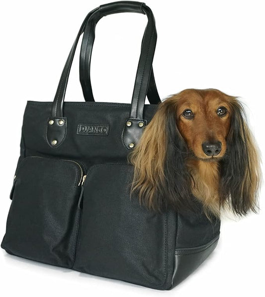 DJANGO Dog Carrier Bag - Waxed Canvas and Leather Soft-Sided Pet Travel Tote with Bag-to-Harness Safety Tether & Secure Zipper Pockets (Medium, Black)