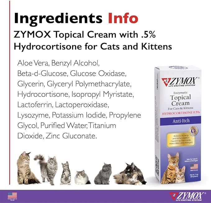 Zymox Enzymatic Anti-Itch Topical Cream with 0.5% Hydrocortisone for Cats & Kittens, 1 oz. – Multi-Purpose Cream for Hot Spots, Itchiness, Rashes, Skin Irritation, Allergies & Insect Bites