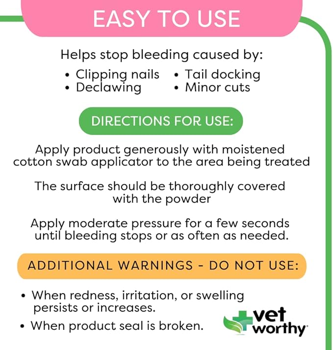 Vet Worthy Styptic Powder for Dogs - Wound Care Formula to Stop Bleeding from Minor Cuts, Nail Clipping, Declawing - Blood Stopper Powder with Ferric Subsulfate - 0.5oz