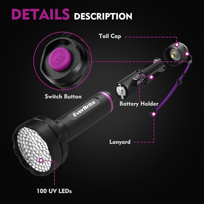 EverBrite UV Flashlight, 100 LED Blacklight Flashlights, 395nm Black Light Flashlight for Pet Urine Detection, Carpet, Scorpions and Bed Bug, Batteries Included