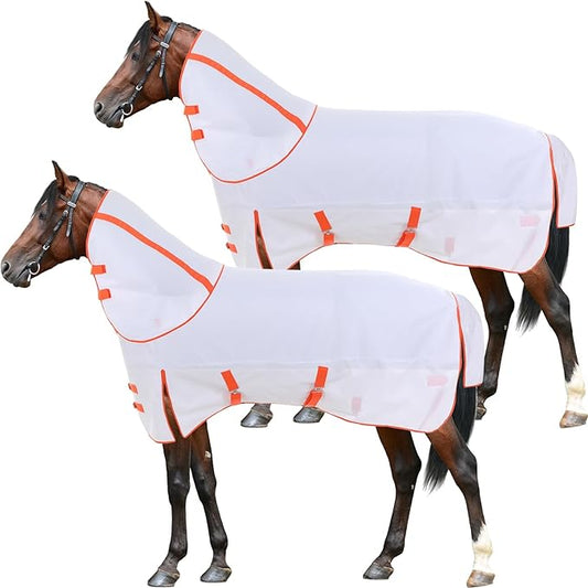 2 Pieces 600d Waterproof Horse Sheet 78" Size Stylish White and Orange Horse Vest with Neck to Protect Your Horse Against Flies and UV Brace for Summer and Rainy