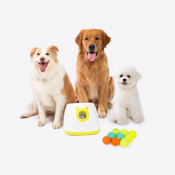 Automatic Ball Launcher for Dog, Including 9 Small Sized 2-inch Balls, Adjustable Launch Distance, Suitable for Small to Medium Sized Dogs (White)