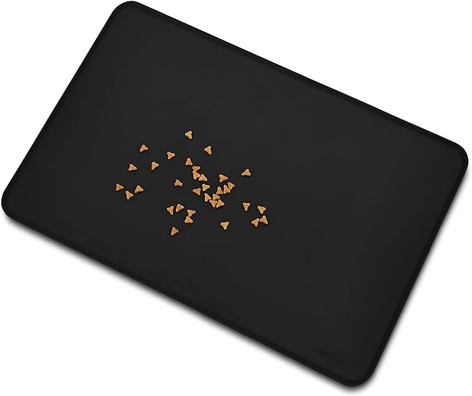 Amazon Basics Waterproof Anti-Slip Silicone Pet Food and Water Bowl Mat, 24 x 16 Inches, Black, Solid