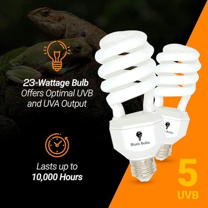 2 Pack 23-Watt Reptile Bulb Tropical UVA UVB Light - 5.0 UVB Reptile Light Compact Florescent Terrarium Bulb Suitable for Tropical & Sub-Tropical Reptiles Chameleons Reptile CFL UVB Bulb (23 Watt 5.0)