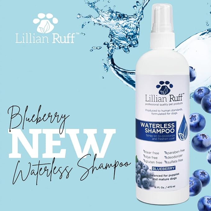 Lillian Ruff Berry Blue Brightening Face and Body Wash for Dogs - Blueberry Shampoo - Remove Tear Stains, Hydrate Dry Itchy Skin, Add Shine & Luster to Coats (Berry Blue Shampoo & Waterless Set)