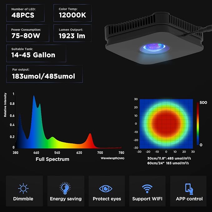 Lominie LED Aquarium Light, 80W Full Spectrum Coral Reef Light Saltwater LED for Marine Fish Tank with Remote Control 4 Channels Dimmable with Stand(Pixie 80 Saltwater)