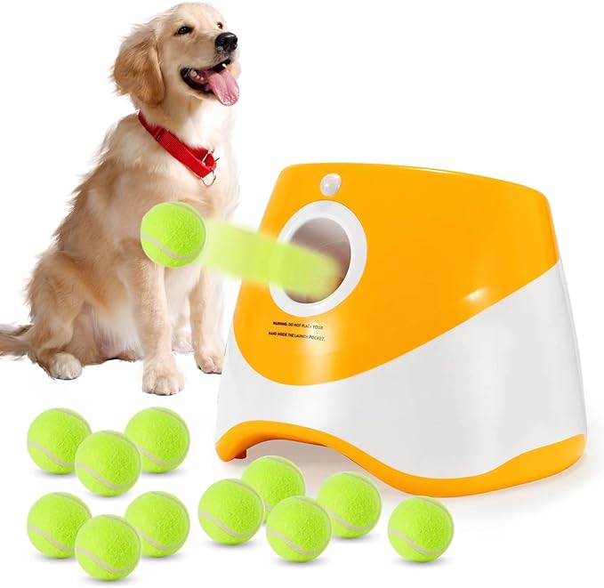 Automatic Dog Ball Launcher, with 12PCS Tennis Ball 3 Adjustable Distances Settings, Rechargeable Ball Launcher for Dogs,Interacive Dog Toys Thrower Machine Perfect for Small Dogs(Yellow)