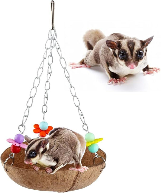 Sugar Glider Swing Toy Bird Natural Coconut Shell Nest Cage Hanging Accessories for Sugar Glider Bird Parrot