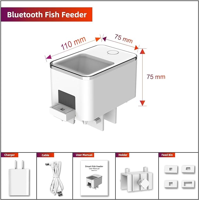 Bluetooth Fish Feeder Automatic Dispenser for Aquarium, Food Dispenser for Fish Tank with App Control, USB Powered for Small Fish Tank Pelleted Food, Electronic Feeders for Animals, White