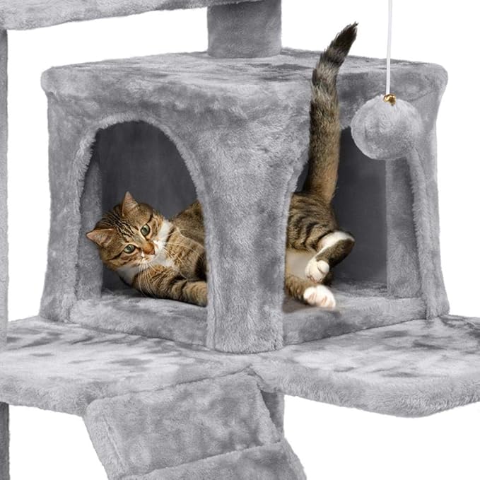 Yaheetech 54in Cat Tree Cat Tower w/Scratching Posts, Double Condos and Dangling Balls Kittens Pet House Play, Light Gray