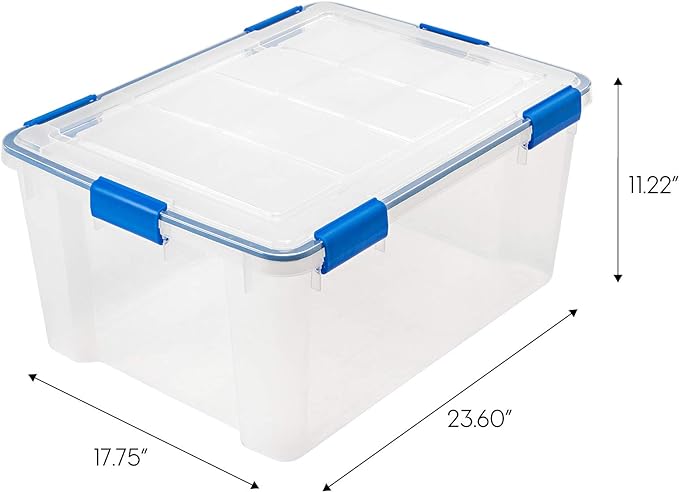 IRIS USA 60 Qt Storage Box with Gasket Seal Lid, 3 Pack - BPA-Free, Made in USA - Heavy Duty Moving Containers with Tight Latch, Weather Proof Tote Bin, WEATHERPRO - Clear/Blue