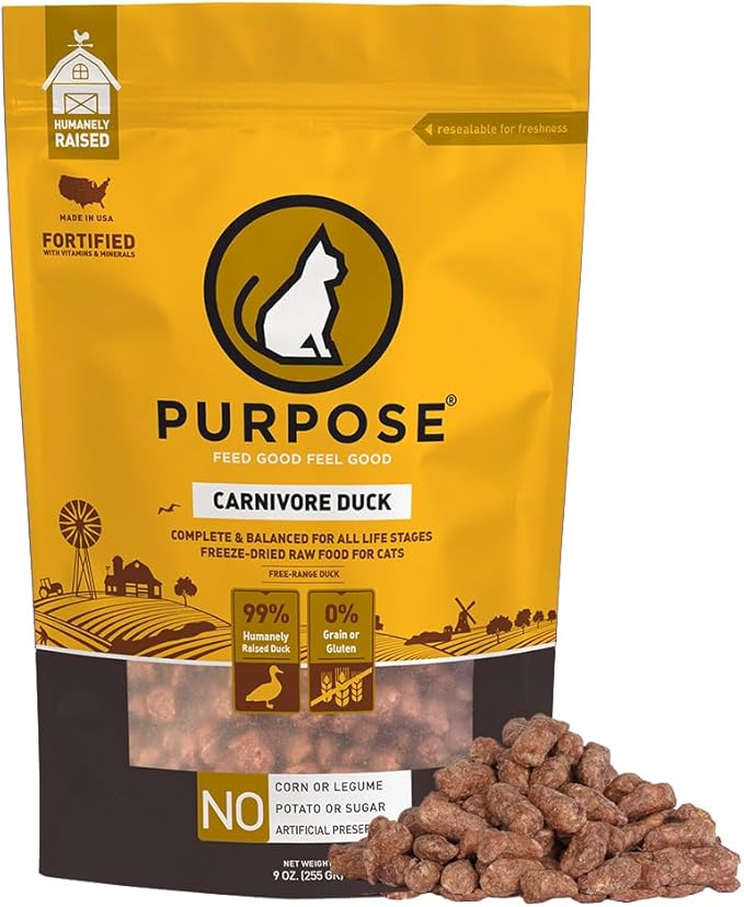 PURPOSE Freeze Dried Raw Cat Food, Duck Mini Nibs Entree, 9 oz - High Protein, USA Made