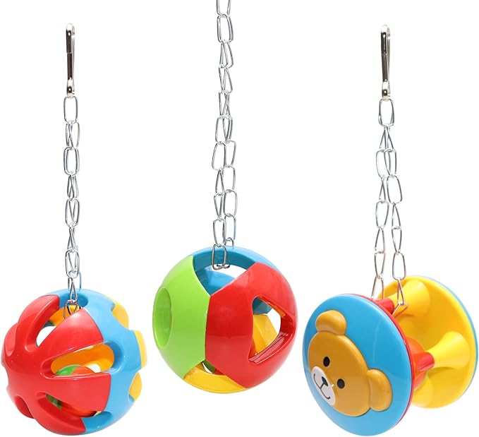 Bird Hanging Ball with Bell Colorful Chewing Treat Toy for Parrot Parakeet Cockatiel Conure Lovebird Dog Puppy Cat (3 PCS)