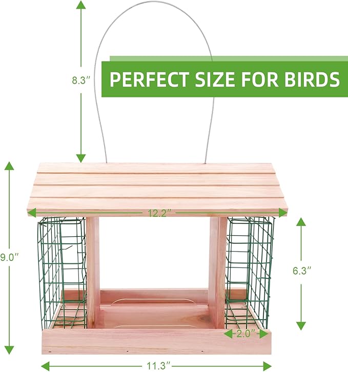 Wooden Bird Feeders for Outdoor Hanging, Large Capacity Handmade Wildbird Feeder for Outside Yard Patio Hanging with Double Suet Holder Cages, Waterproof and Durable, Pink