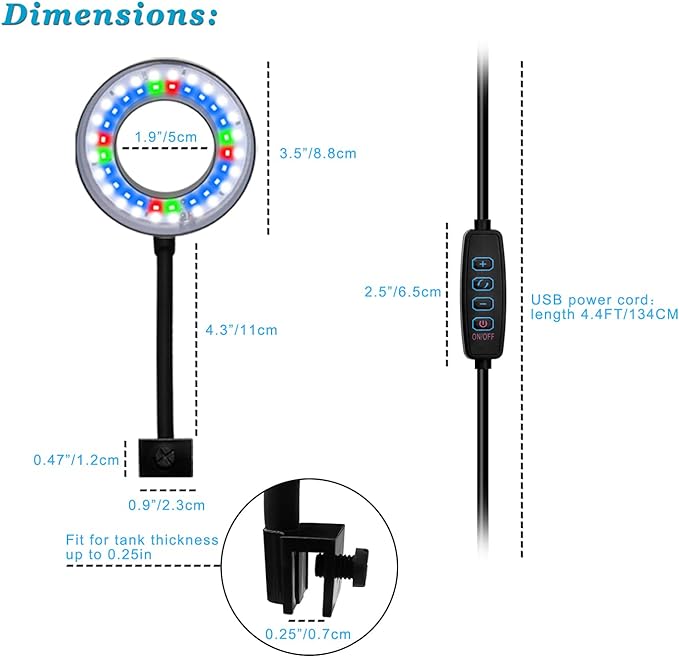 Clip On Aquarium Light for 1 to 3 Gal Fish Tank (Dimmable White+Blue+Red LED) USB Moving Lamp for Open Terrarium (Adapter NOT Included)